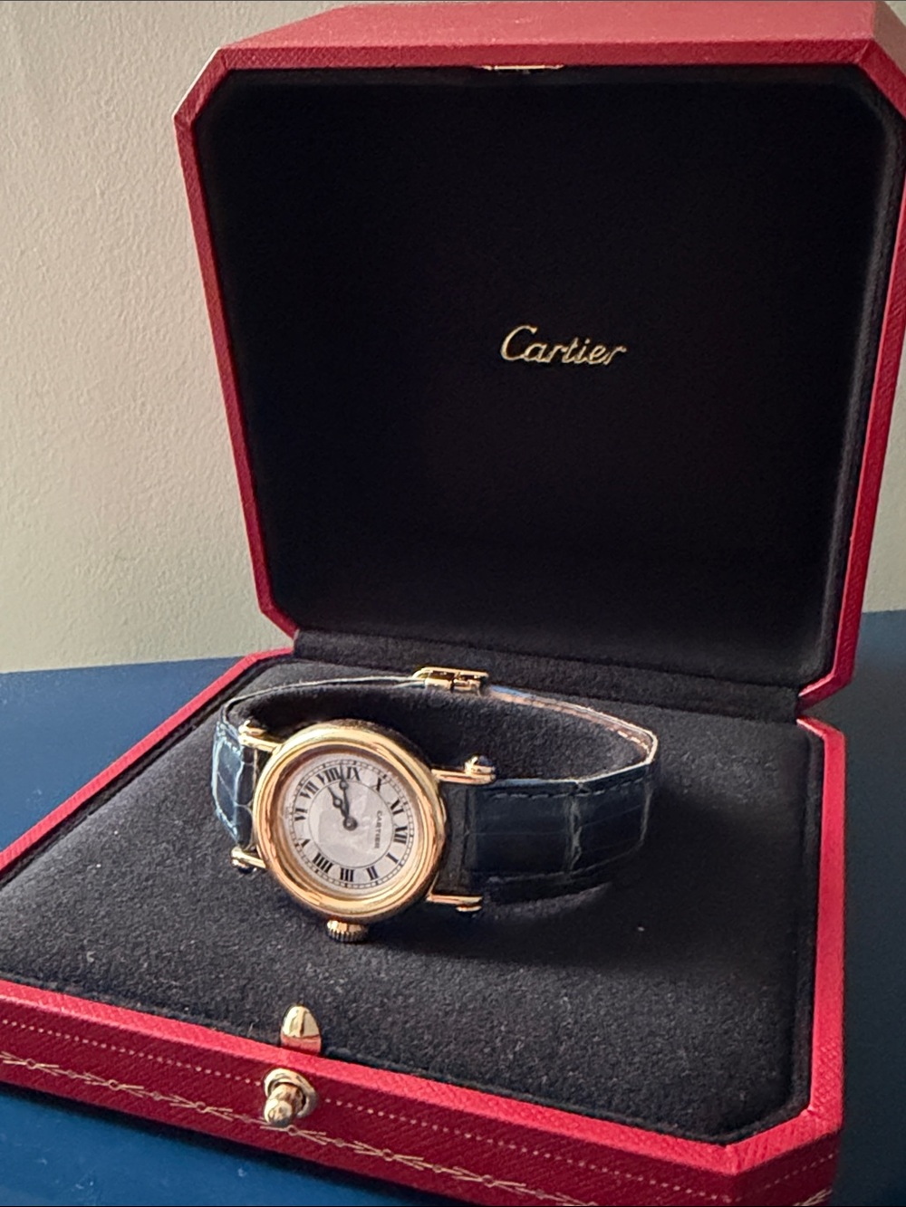 Cartier Diabolo Watch 1990 Blue Alligator Original Leather 18k Gold